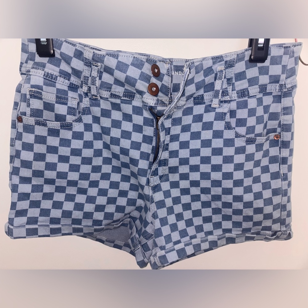 Checkerboard Denim Shorts - Blue